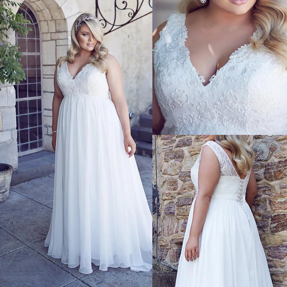 Chiffon Applique Pizzo Plus Size Abito da sposa da spiaggia Corsetto Indietro Bianco Impero Scollo a V Abito da sposa 26W robe de soiree longue Abiti da sposa