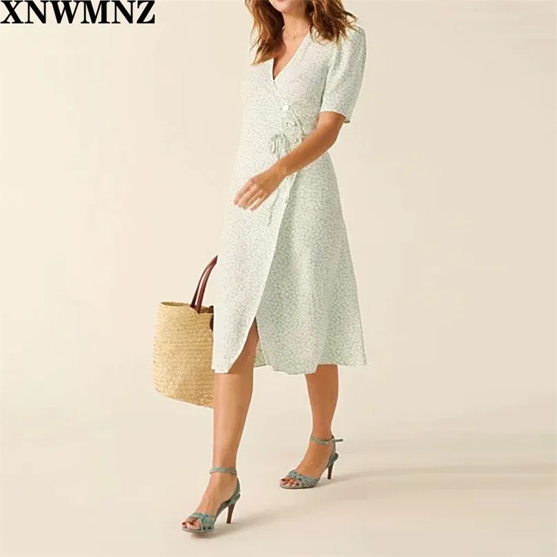 Francja Green Pastel Hydrang Drukuj Vestido Moda Mocowanie mocujące Przyciski Side Kobiety Midi Dress Vintage Gabin Wrap 210520