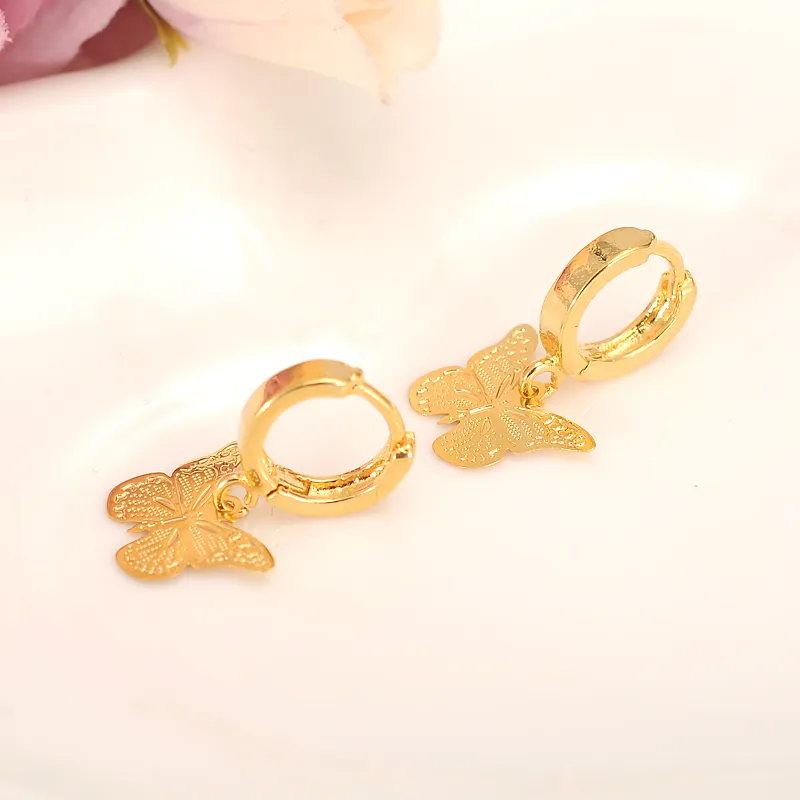 skytalenbao Marque Solide Fine 18 K Or Jaune G/F Dangle Lustre De Luxe Papillon Charme Boucle D'oreille Mode Femmes Fille Bijoux Cadeau joli