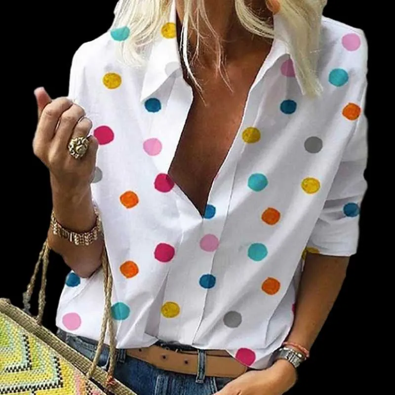 Kolor Dot Drukowana Jesienna Bluzka Dla Kobiet Szczupła Kobieta Odzież Plus Rozmiar 5xl Koreański Styl Streetwear Elegancki Top Formaltes Bluzki Damskie