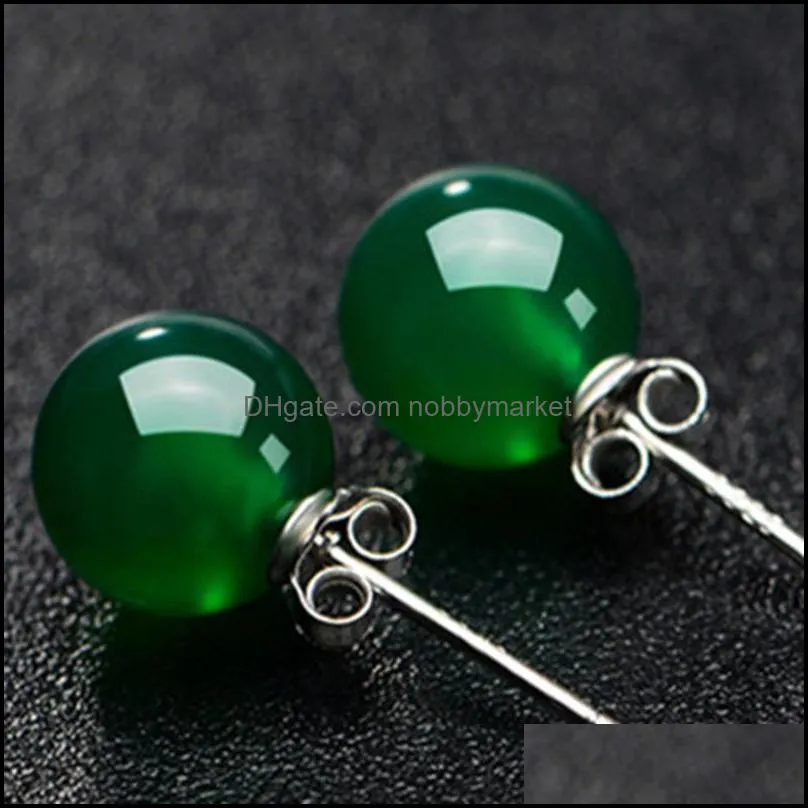 Stud Round Natural Green Chalcedony Earring Female Copper Plated Red Black Stone Crystal Vintage Jewelry Wedding