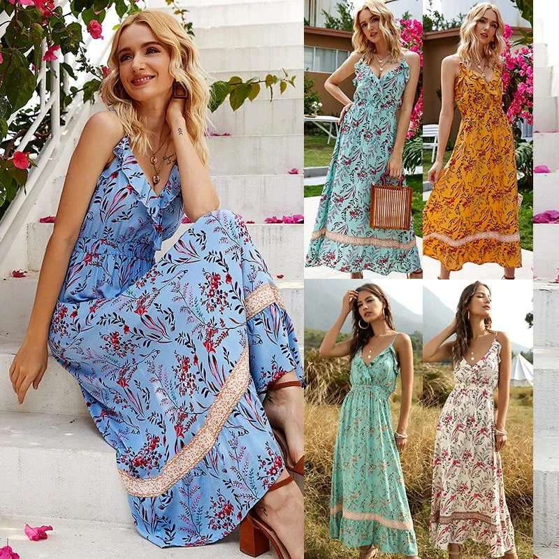 Vestidos casuais mulheres senhoras boho plus size ruffles belick v-pescoço floral floral vestido longo feminino sem mangas maxi vestidos mujer