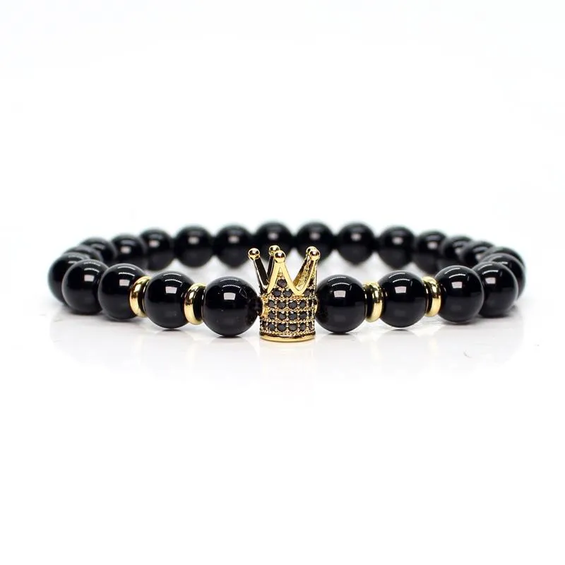 Shinny Black Koraliki Korona Bransoletka Mężczyźni Bransoletki Urok Homme Mężczyzna Mężczyzna Biżuteria Heren Armband Bracits Handmade Braclet Zroszony, Strands