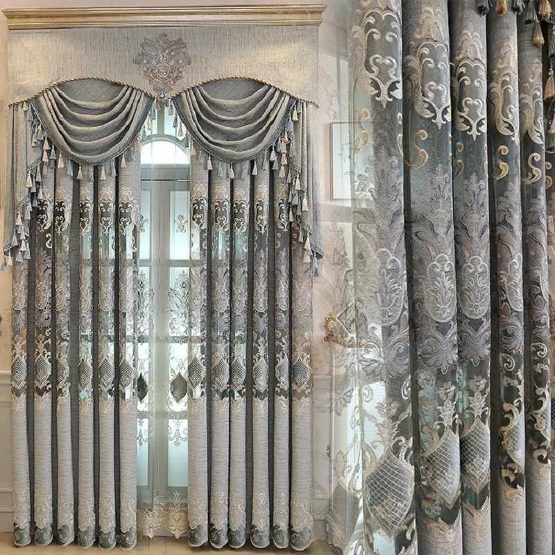 European Luxury Gray Curtains for Living Dining Room Bedroom Fabric Chenille Embroidery Valance Curtain Fabric Custom 210712