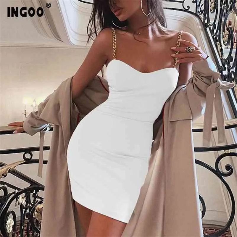 INGOO Summer Sexy Slim Dress Party Night Donna Cinturino a catena Elegante scollo a V Eleganza bianca aderente Abiti da donna senza schienale Vestidos 210630