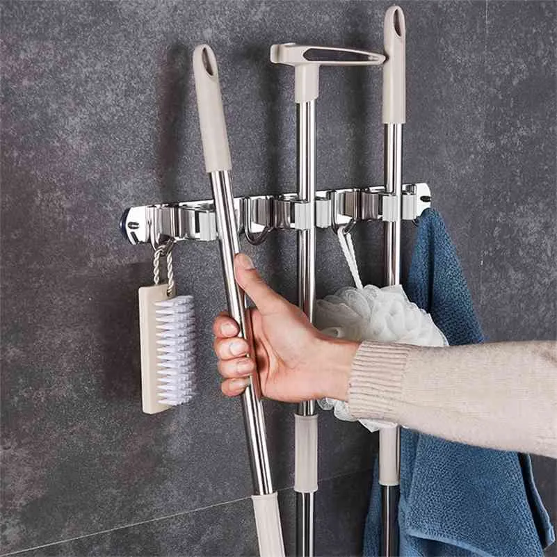 Wall Mounted Mop Organizer Holder Brush Broom Hanger Home Storage Rack Bathroom Suction Hanging Pipe Hooks Shelf Household Tools 210705