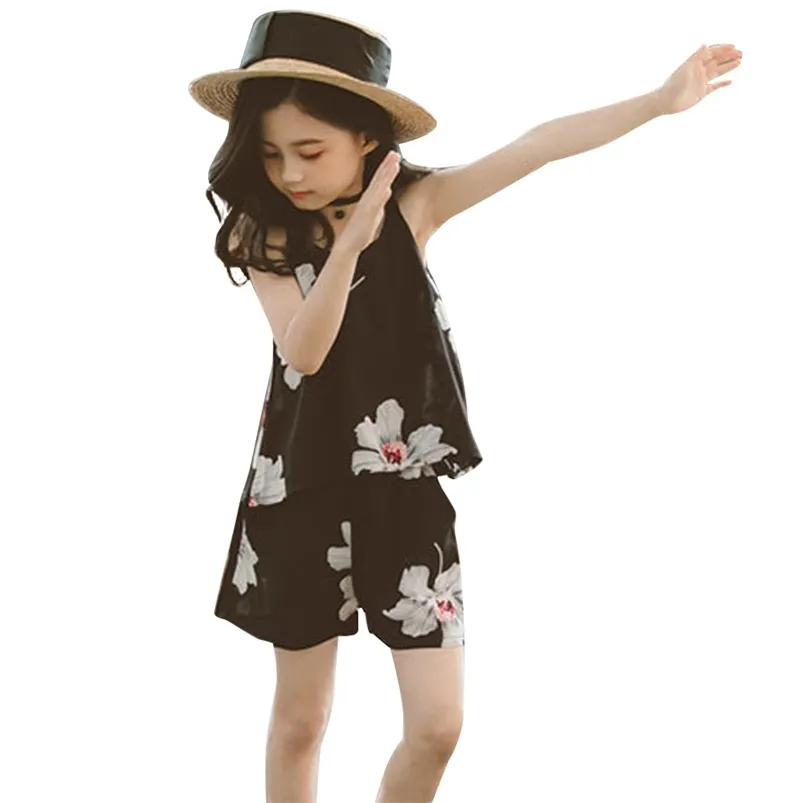 Set Clothes For Girls Floral Vest + Short 2PCS Children'S Costumes Big Kids Summer 6 8 10 12 13 14 Year 210527