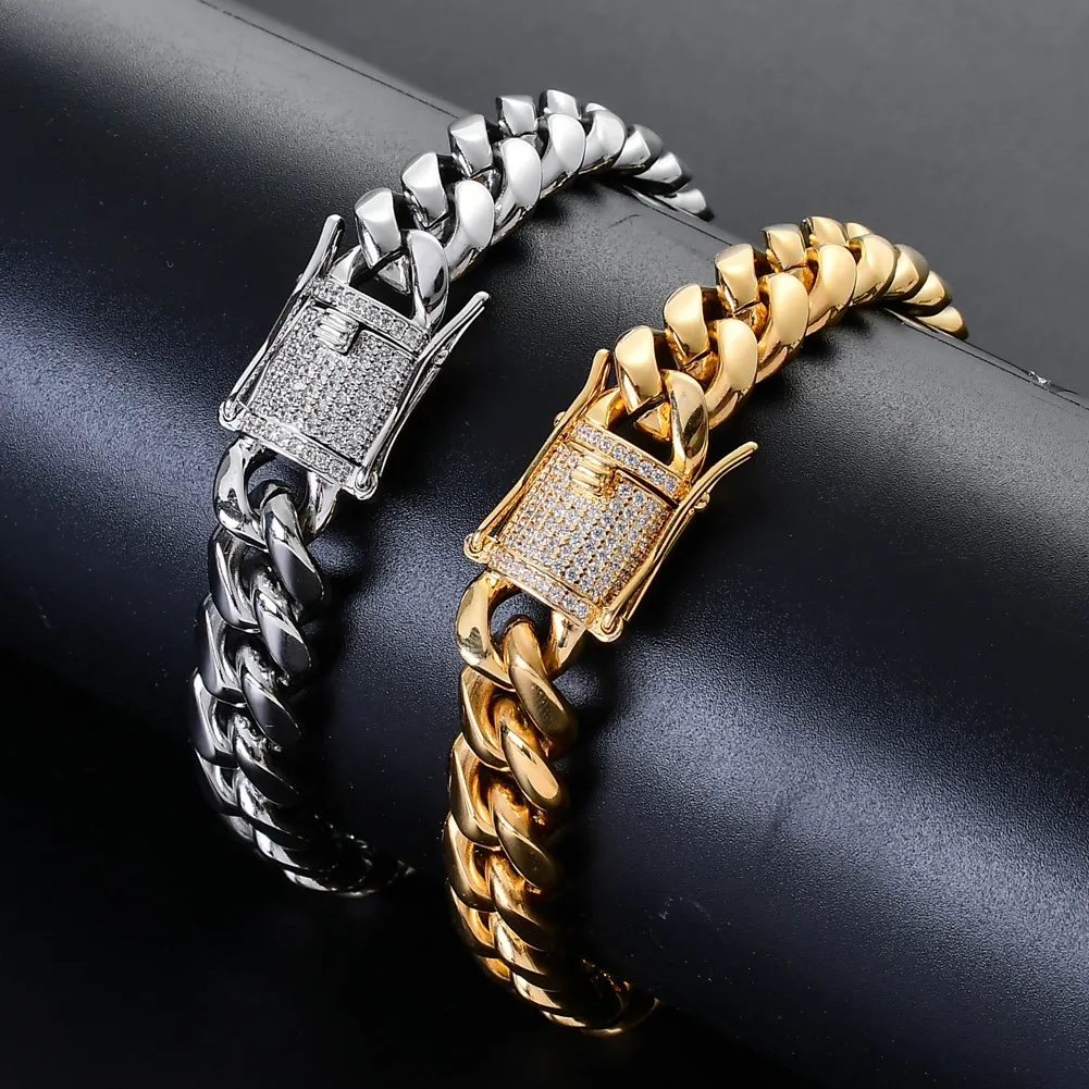 Men's bracelet Link 8mm10mm12mm14mm stainless steel round grinding color preservation Cuban copper double-sided micro-inlaid zircon buckle head