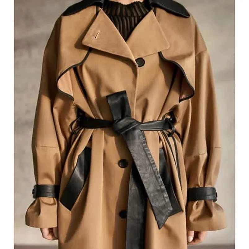 Korea Runway Designer Fall / Autum Lederen Patchwork Maxi Lange Trench Coat met Riem Chic Vrouwelijke Windbreaker Classic 210914