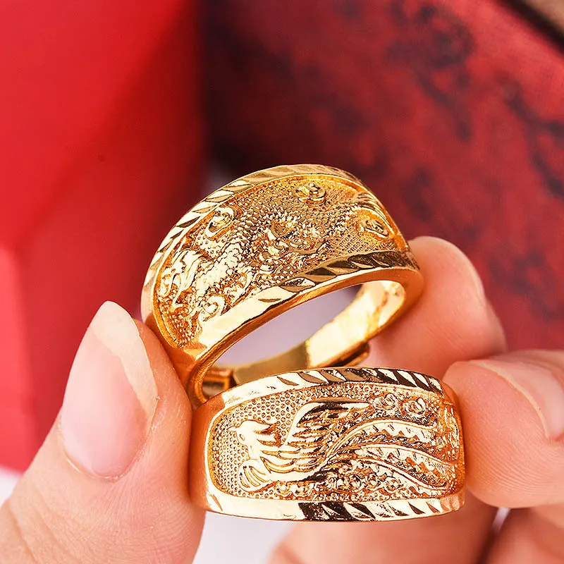 Gold Drache und Phönix Ring Diamant Paar Prinzessin Verlobungsringe für Frauen Hochzeitsschmuck Eheringe Zubehör Öffnung verstellbar