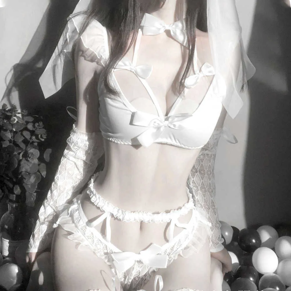 Costumes de cosplay sexy pour femmes Hot Bride Blanc Noir Uniforme Maid Temptation Porn Lingerie de mariée Dentelle Robe de mariée mignonne Y0913
