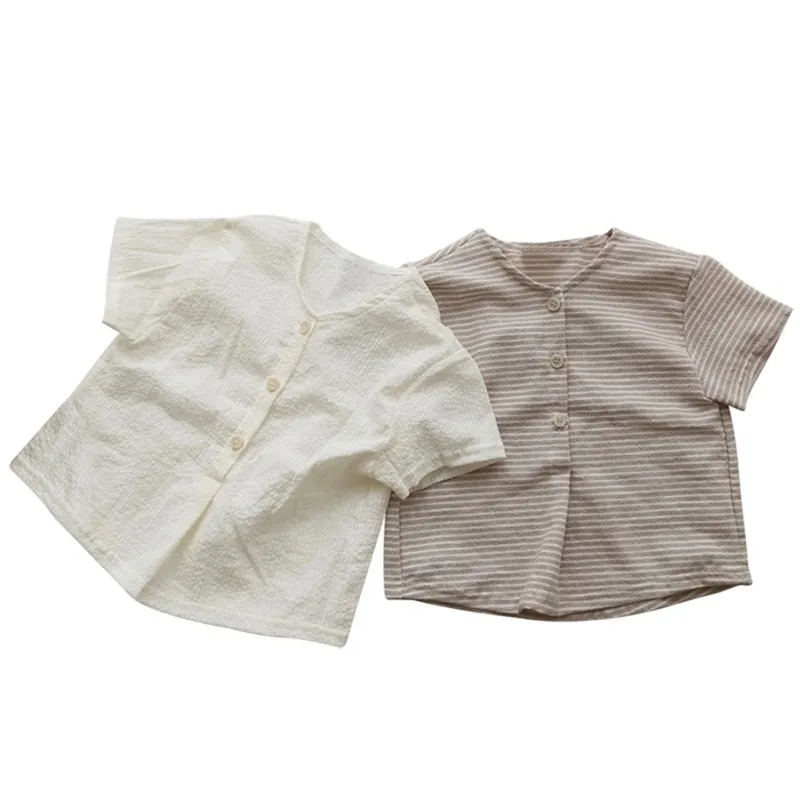 Vestuário infantil coreano V-pescoço plissado tops para meninos e meninas estilo fino verão respirável mangas curtas 1017 19 210622