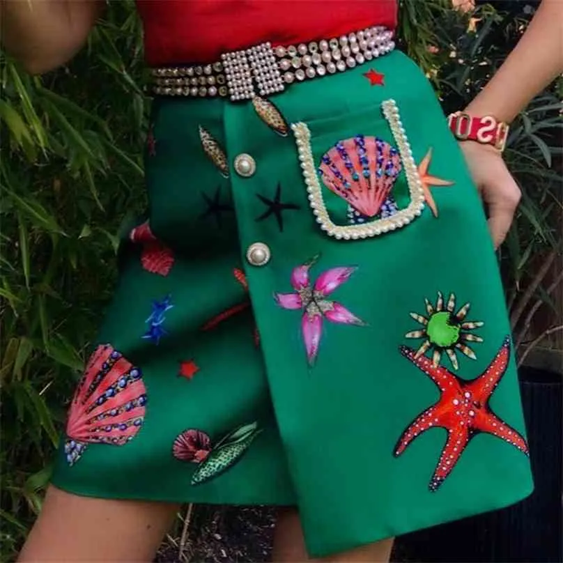 LD LINDA DELLA créateur de mode été taille haute Mini jupe femmes magnifique imprimé perlé jupes courtes vertes 210629