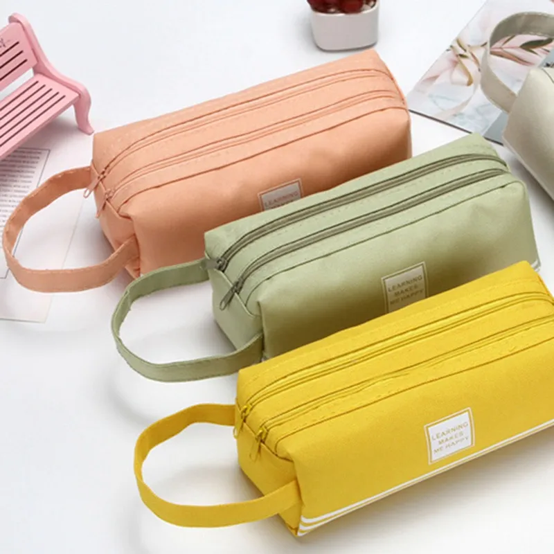 Portable Pencil Case Large Capacity Dual Zipper Stationery Organizer Storage Pouch Pen Bag Compartments Cosmetic Bags for Office Women