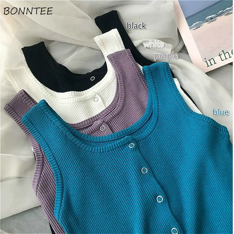 Tanks Women Solid College Elastic Cropped Clothes Lady Button Elegant Girls Fashion Unique Top Knitting SleevelSimple Casual X0507