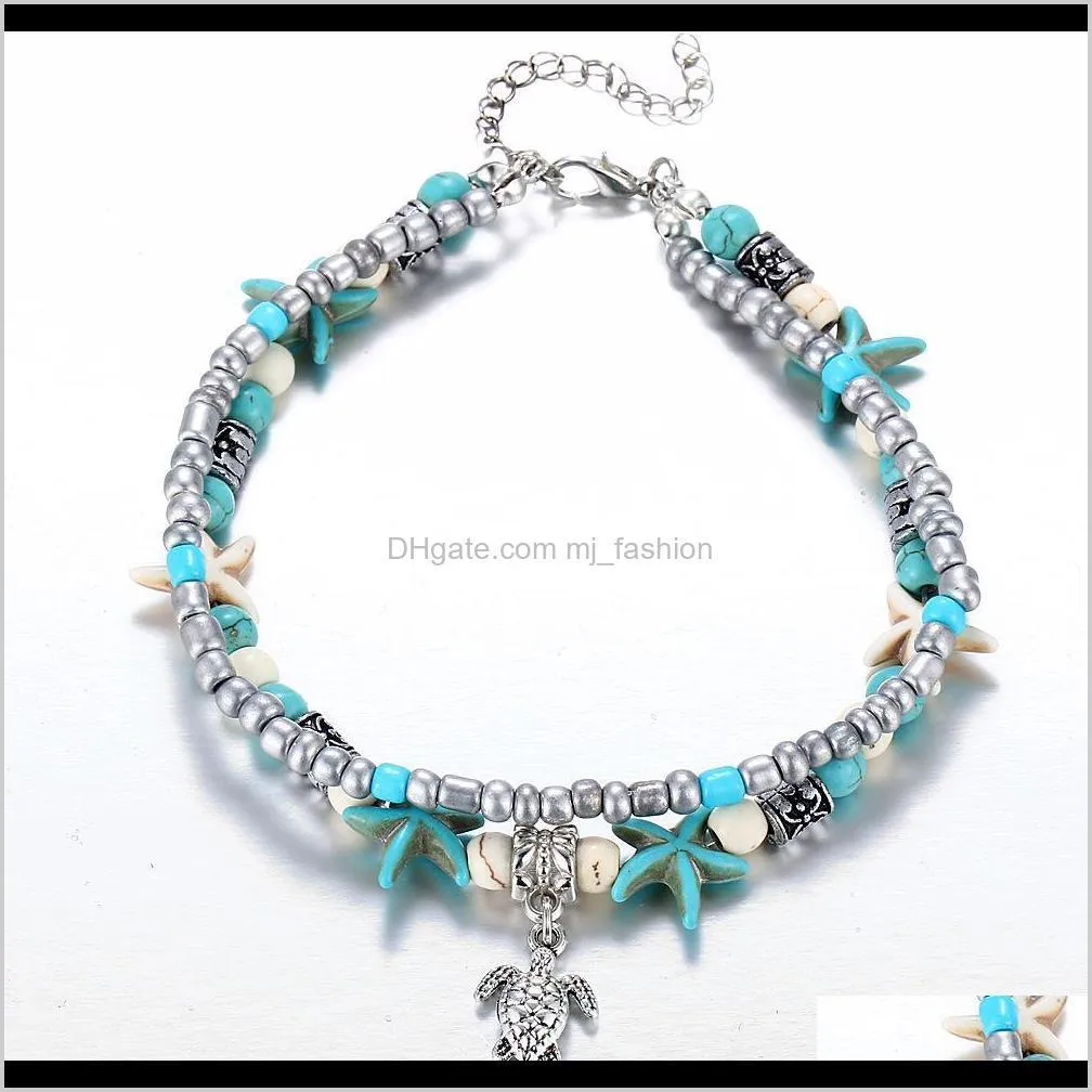 ethnic antique 2 layer ankle bracelet cute starfish cuckold halhal foot chain for women summer beach jewelry tornozeleira 1820