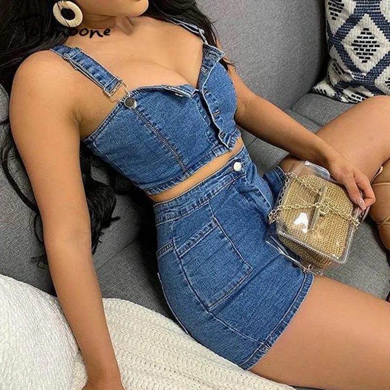 DEAT 2021T Sexy Women Two Piece Set Summer Denim Sleeveless Jeans Crop Top Shorts Suit Blue Outfit MF815 X0428