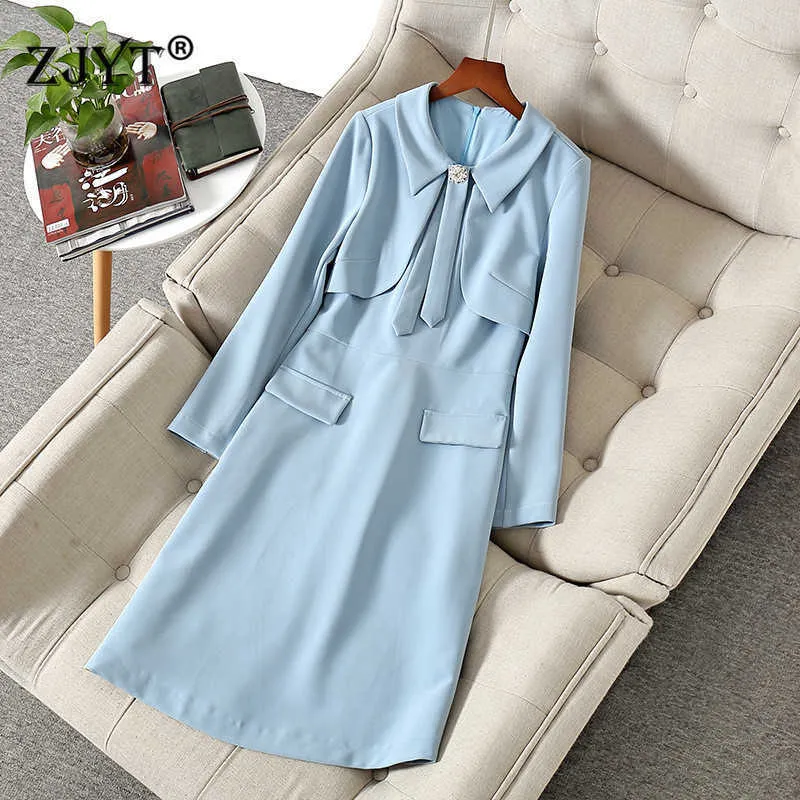 Runway Mode Lente Lange Mouw Effen Blauwe Jurk Vrouw Kleding Elegante Ontwerpers Casual Office Robe Femme Party Festa 210601