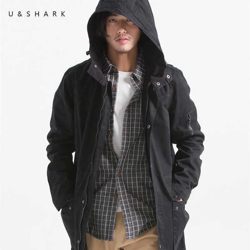 UShark outono 100% algodão trench casaco homens roupas de alta qualidade preto hoodies trench casaco oversize windbreaker jaqueta masculino 210603