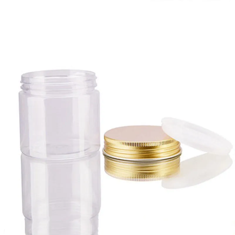 100 ml 200 ml Gläser Transparente PET-Kunststoff-Aufbewahrungsdosen Boxen Runde Flasche mit goldenen Aluminiumdeckeln RRD7038