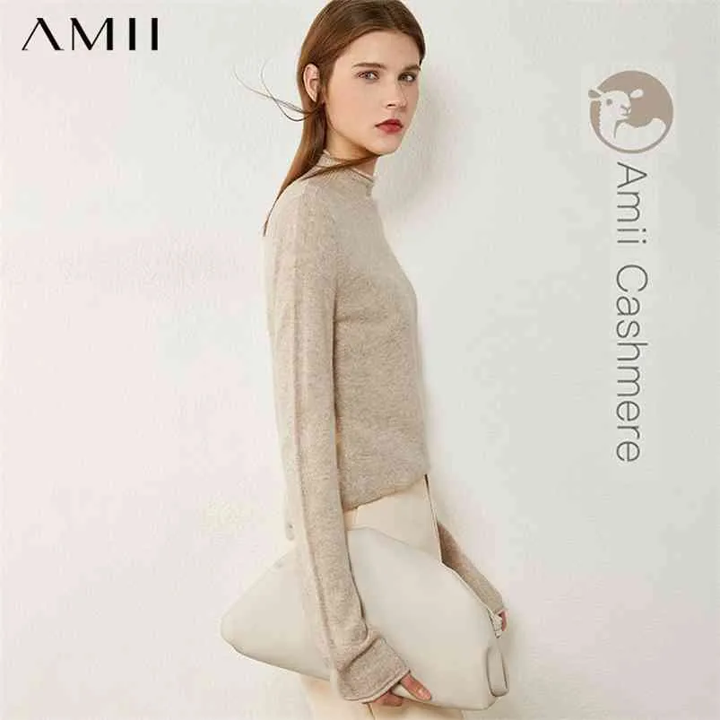 Amii Minimalism Höst vintertröjor för Women Fasion 100% Cashmere Solid Turtleneck Sweater Kvinnors tröja 12040857 210812