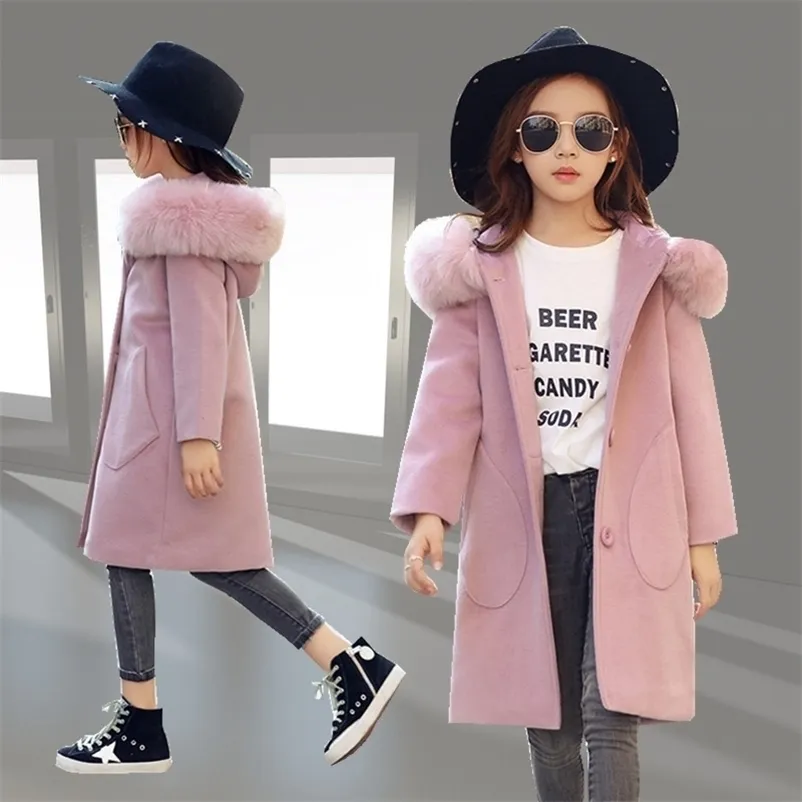 Children Kids Girl Overcoat Windproof Wool Winter fashion Coat for Teens Girls Jacket Thick Long Outerwear 10 13 14 years 211204