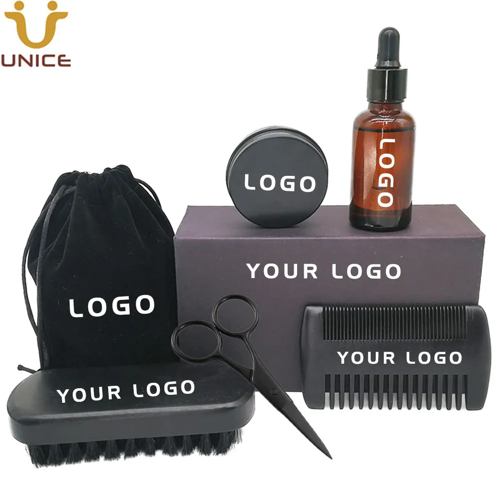 MOQ 100PCS 7 in 1 OEM ODM LOGO personalizzato Capelli neri Kit barba Spazzola pettine Balsamo olio Forbici Pacchetti regalo Fornitore Amazon