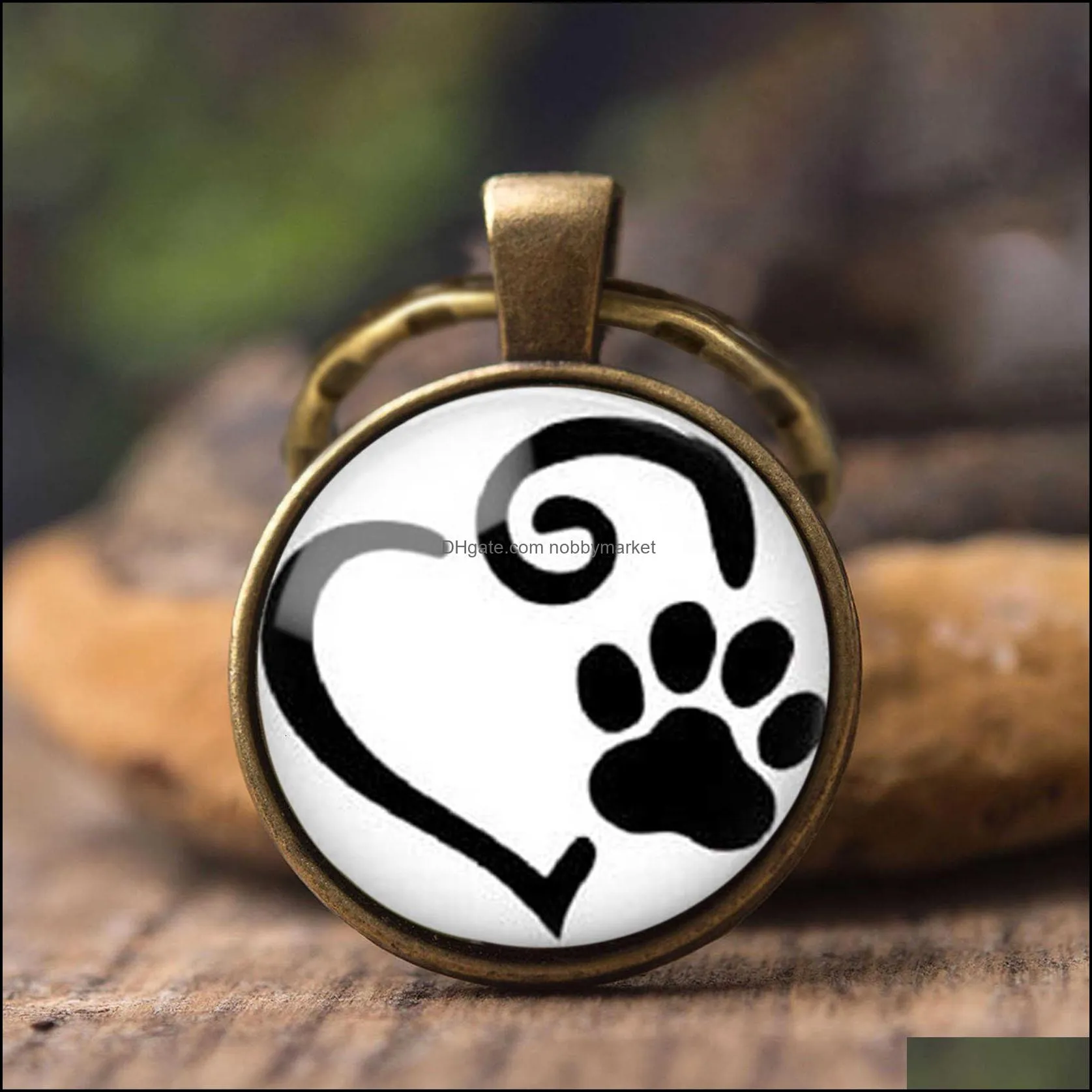 New Cute Animal Printing Key Chains Dog Cat Claw Paw Footprints Glass Cabochon Pendant Car Key Ring Creative Gifts For Men