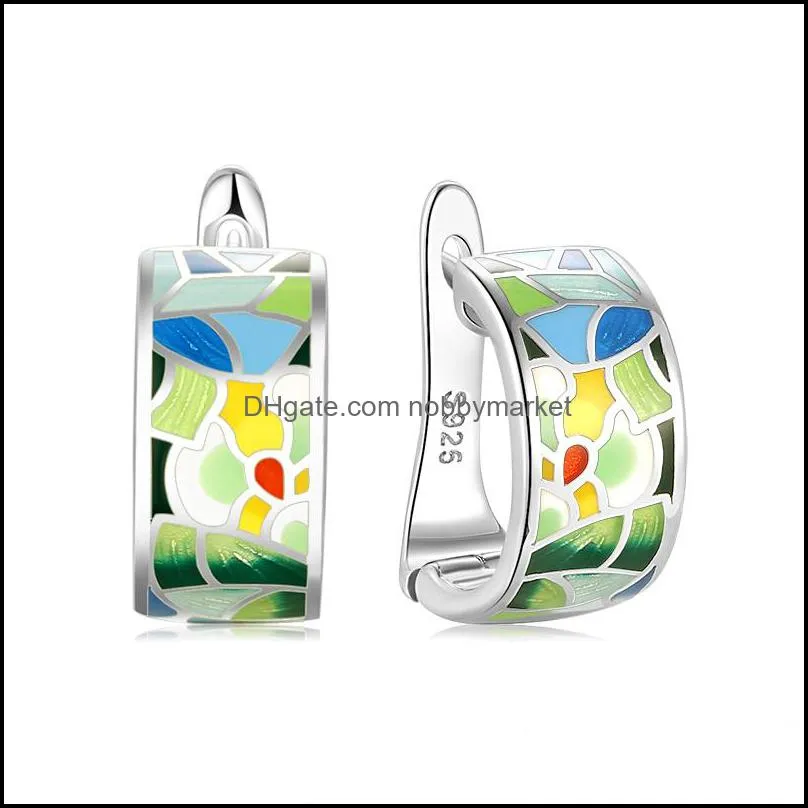 OGULEE Earrings For Women New 925 Sterling Silver Colorful Enamel with Cubic Zirconia Flower Earrings Luxury Jewelry Enamel 210323