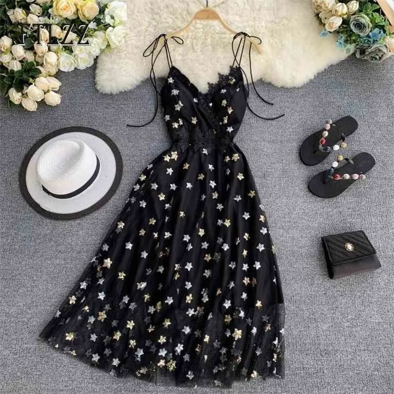 Summer Vintage Dress Women Slim High Waist V-neck Star Sequins Sexy Dresses Fashion Ladies Black Bandage Long Robe 210525