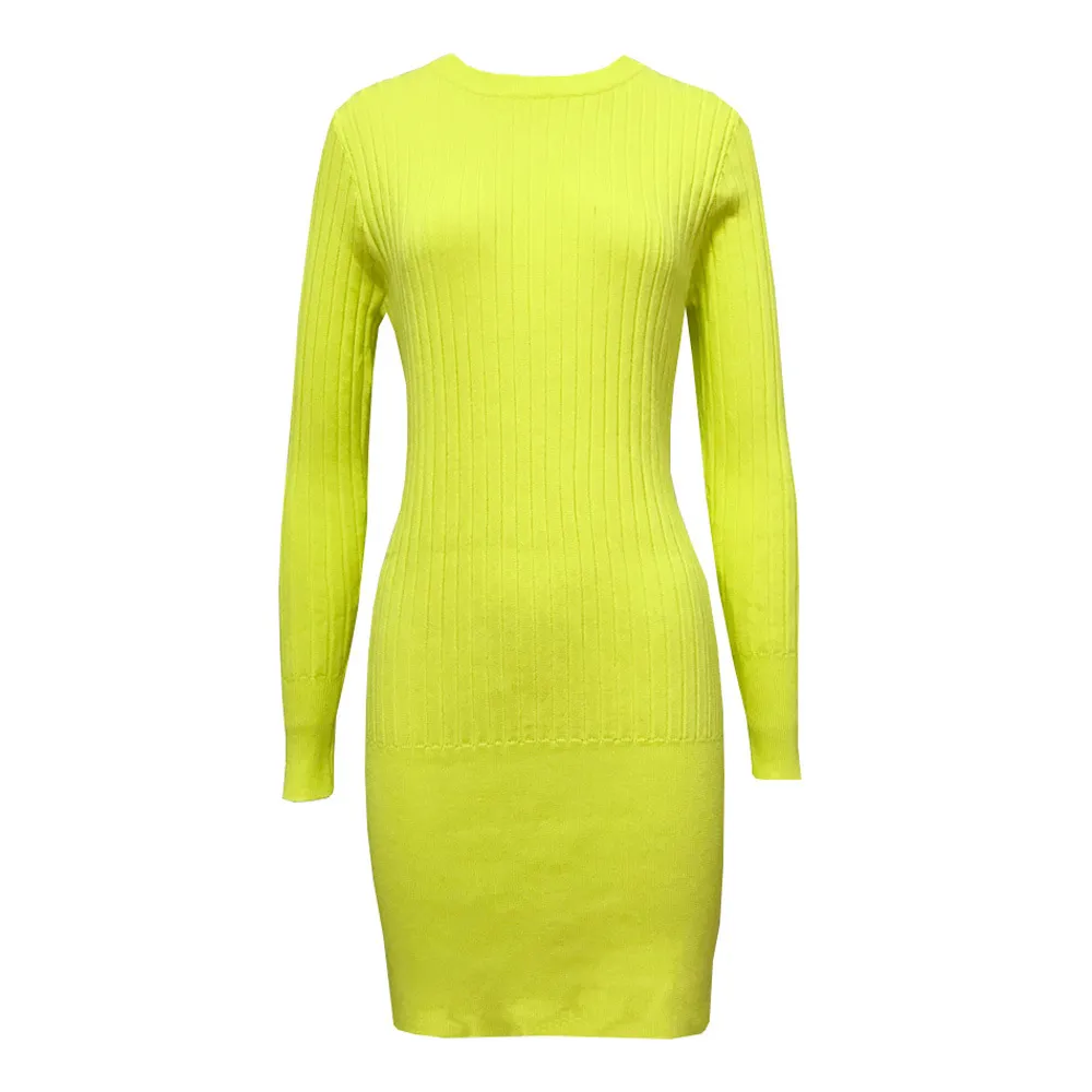 knee length dresses for ladies Reversible Rib Cutout Knit Dress(Lemon Yellow) M / Yellow