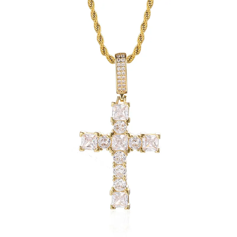 Hip Hop Crong Set AAA CZ Stone Cross Pendant Halsband Bling Iced Out Bagutte Diamant För Kvinnor Män Rapper Vit Guld Födelsedag Smycken Gift Bijoux Collier