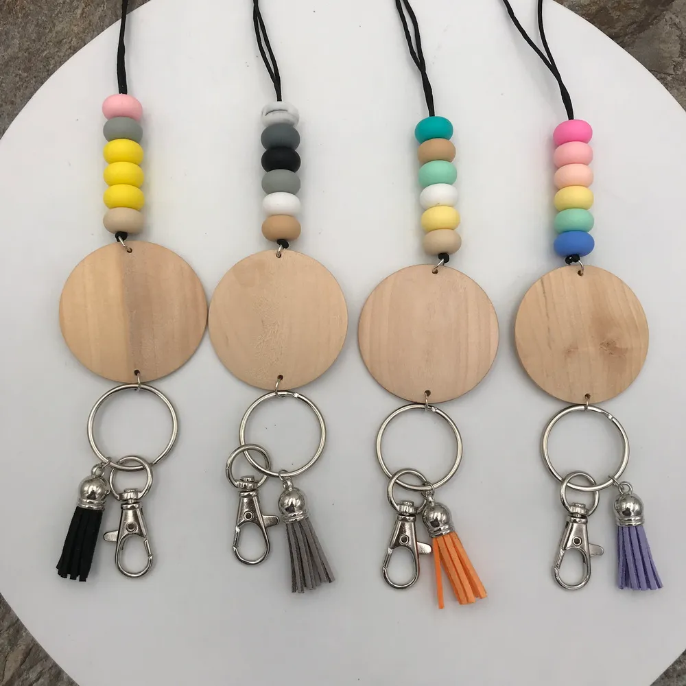 Wholesale New Design Handmade Silicone Beads Pencil Rope Tassel Pendant Personalized Engraved Wood Disc Lanyard Necklace