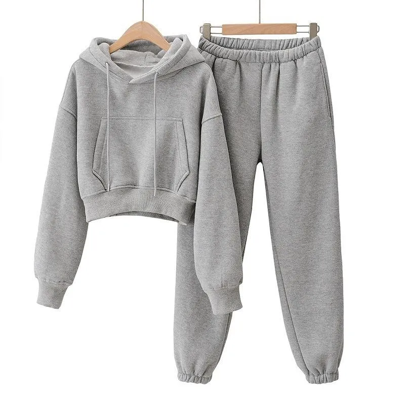 Women's Two Piece Pants Autumn And Winter Solid Color Tracksuit Woman Pocket Hooded Loose Slim Plush Sets