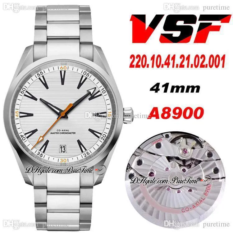 VSF Aqua Terra 150M Master CAL A8900 automatisch herenhorloge witte getextureerde wijzerplaat oranje wijzer roestvrijstalen armband 220.10.41.21.02.001 Super Edition Puretime 10a1