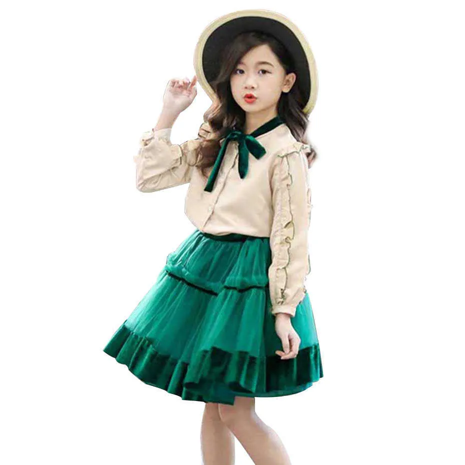 Teenage Clothes Ruffle Shirt + Mesh Skirt 2PCS Suit For Girls Patchwork Party Spring Fashion 210528