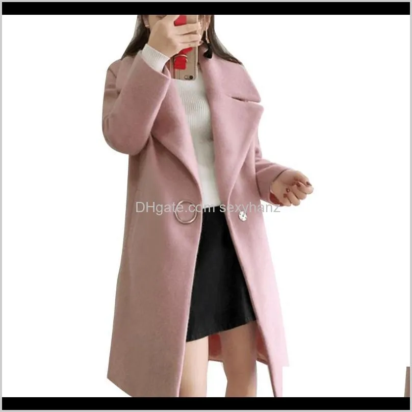 loose warm cotton + spandex long winter coat turn-down collar adjustable wool coats women office work wear elegant manteau femme1