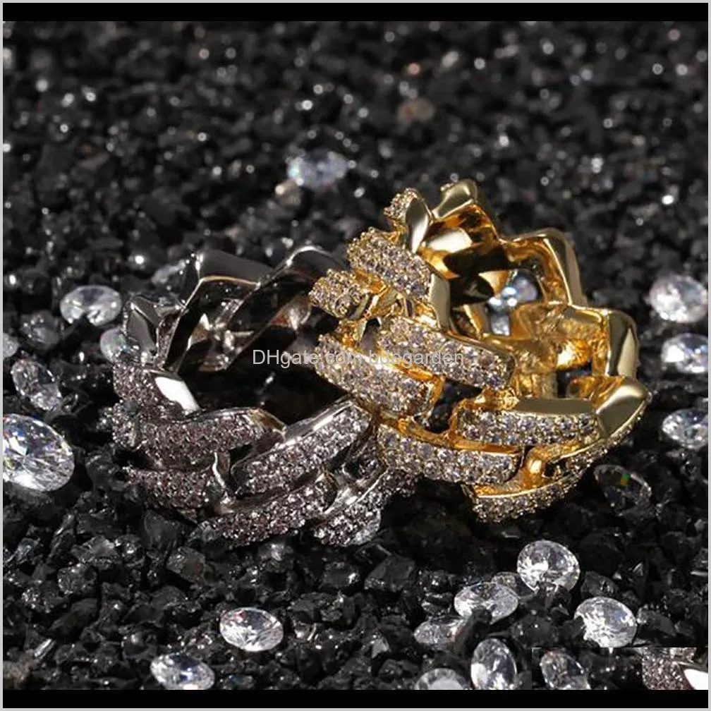 mens 2 row cz bling cuaban link rings gold iced out cuban ring micro pave cubic zirconia simulated diamonds trend hiphop ring