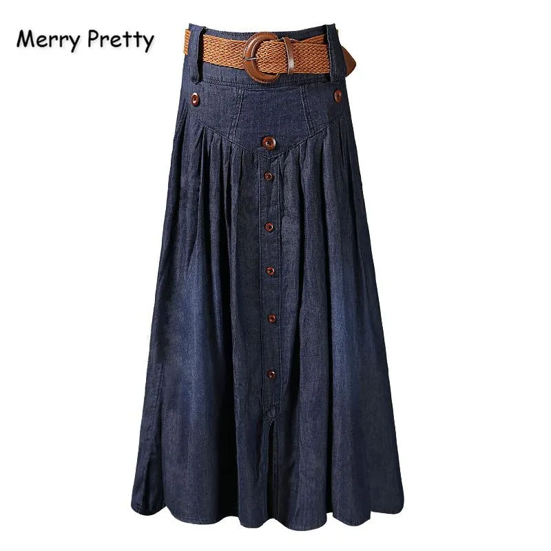 Merry Pretty Women Gonna di jeans blu scuro Telai pieghettati 2021 Autunno Jeans lunghi a vita alta Gonne a metà polpaccio solide