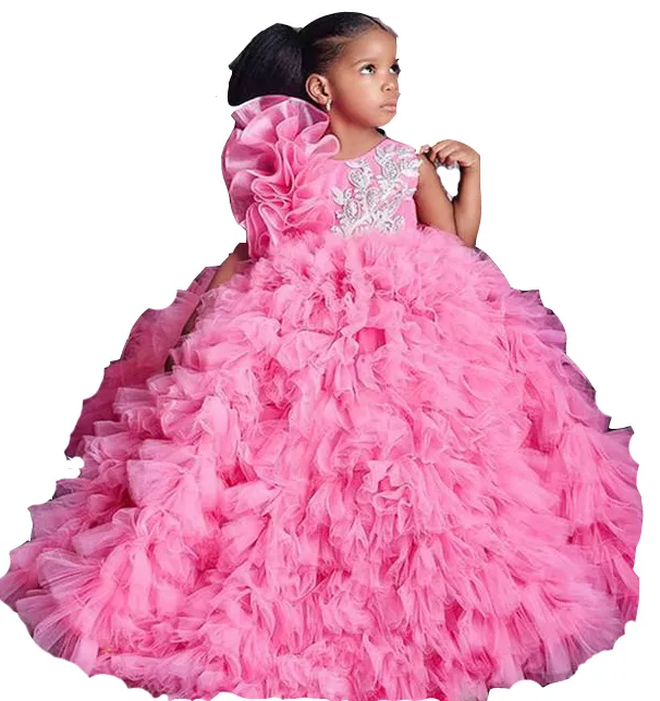 2022 Luksusowy Różowy Organza Pageant Quinceanera Suknie na małe dziewczynki Halter 3d Kwiatowe kwiaty Ruffles Wielopięciowy Koronka Dziewczyna First Communion Dress