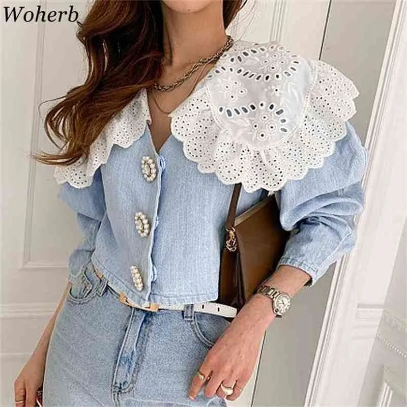 Eleganta toppar kvinnor denim skjorta spets docka krage koreansk stil mode blus beskuren vintage bluses blusas 210519