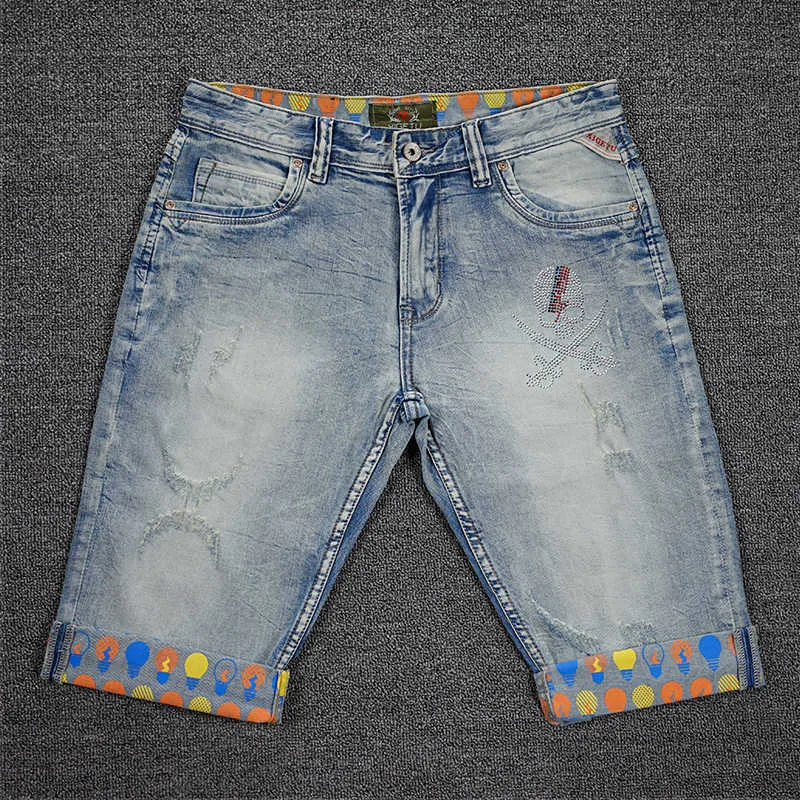 Koreanska stil mode män jeans retro ljusblå tryckt designer rippade denim shorts sommar streetwear hip hop kort 29b0