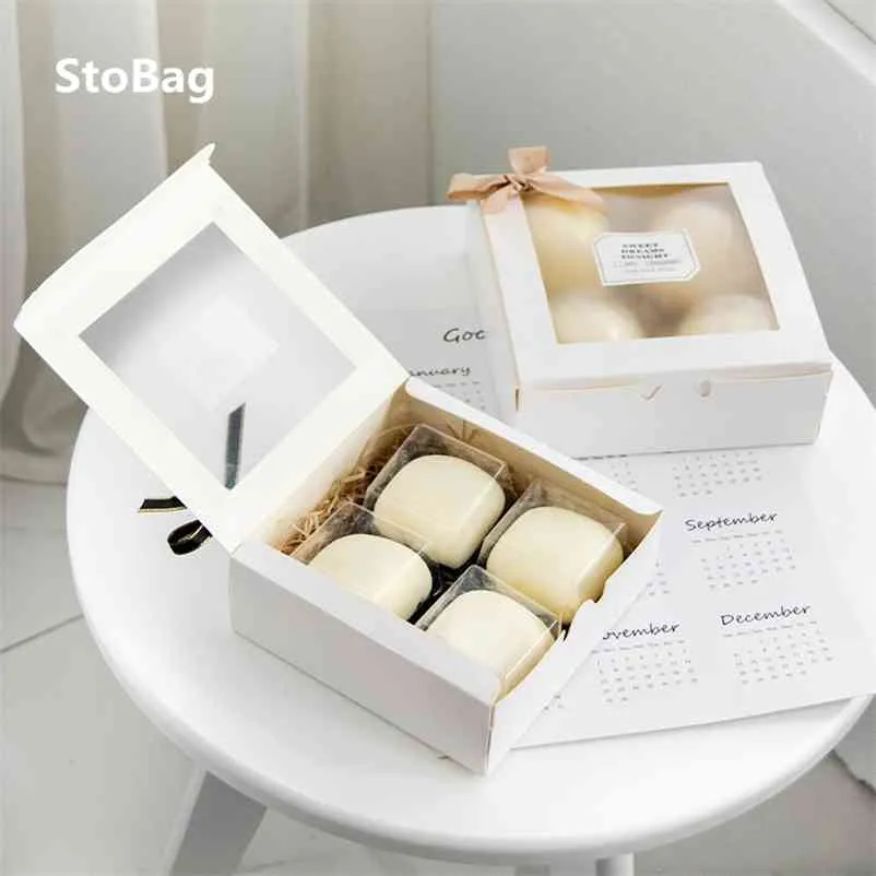 STOBAG 10PCS Caixa de Papel Branco DIY Bolo Handmade Candy Embalagem Cookies Casamento Delicioso Birling Aniversário Gfit Fontes Adesivos 210724