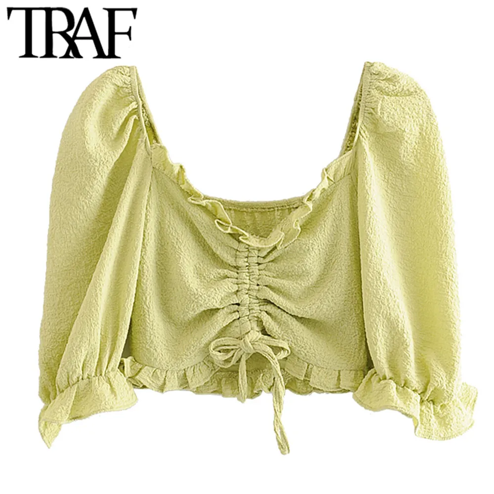 TRAF Women Sweet Fashion Puff Sleeve Ruffled Cropped Blouses Vintage Drawstring Tied Side Zipper Female Shirts Chic Top 210415