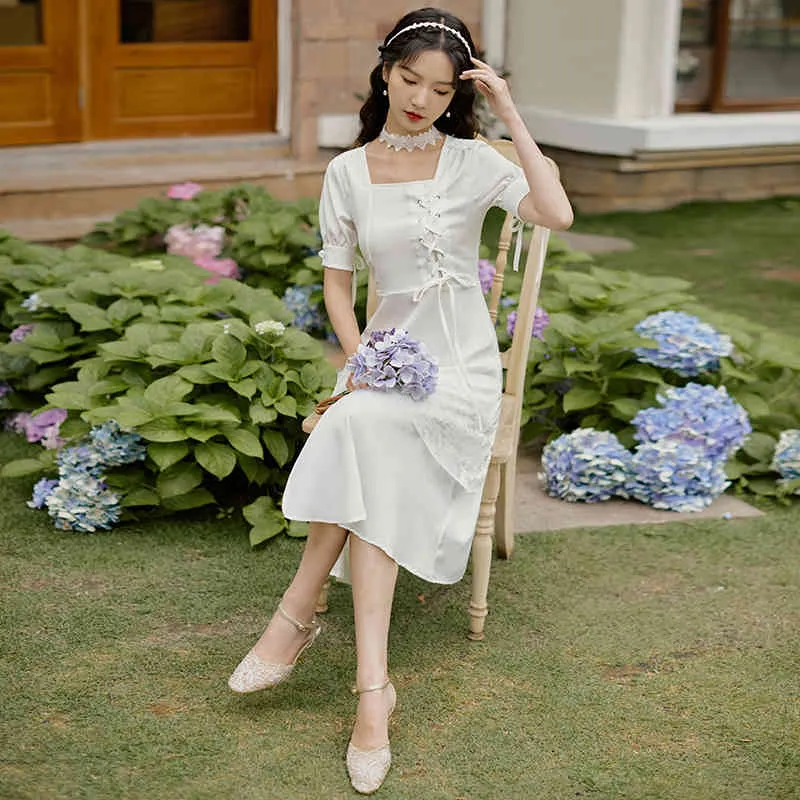 Summer Square Collar Slim Thin Dress Women Short Sleeve Elegant Vintage Dress Lace up Dress Korean Bandage Chic 210521