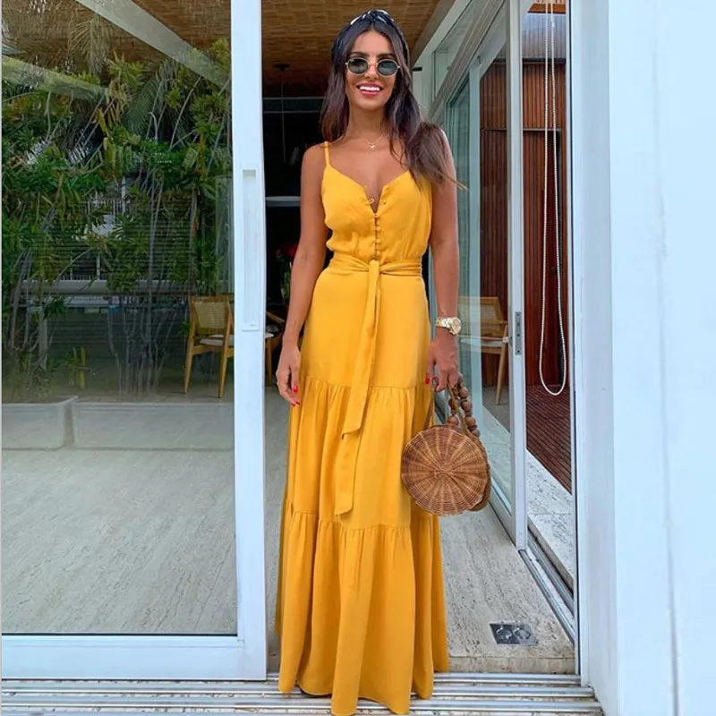 Dames Zomer Mouwloze V Hals Knop Spaghetti Riemriem, Casual Feest