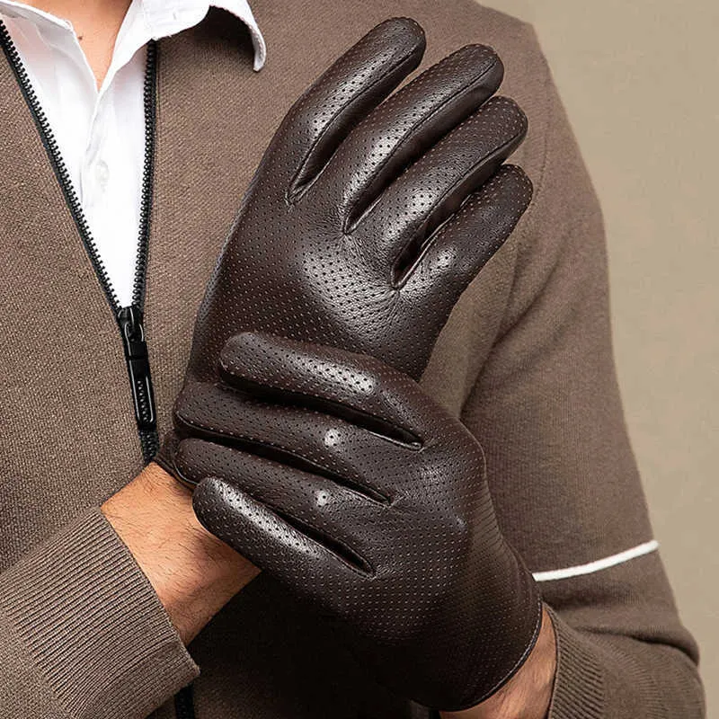 Gants de conduite en cuir d'été hommes femmes écran tactile en peau de mouton nouvel oeillet respirant mince moto équitation gants de conducteur H1022