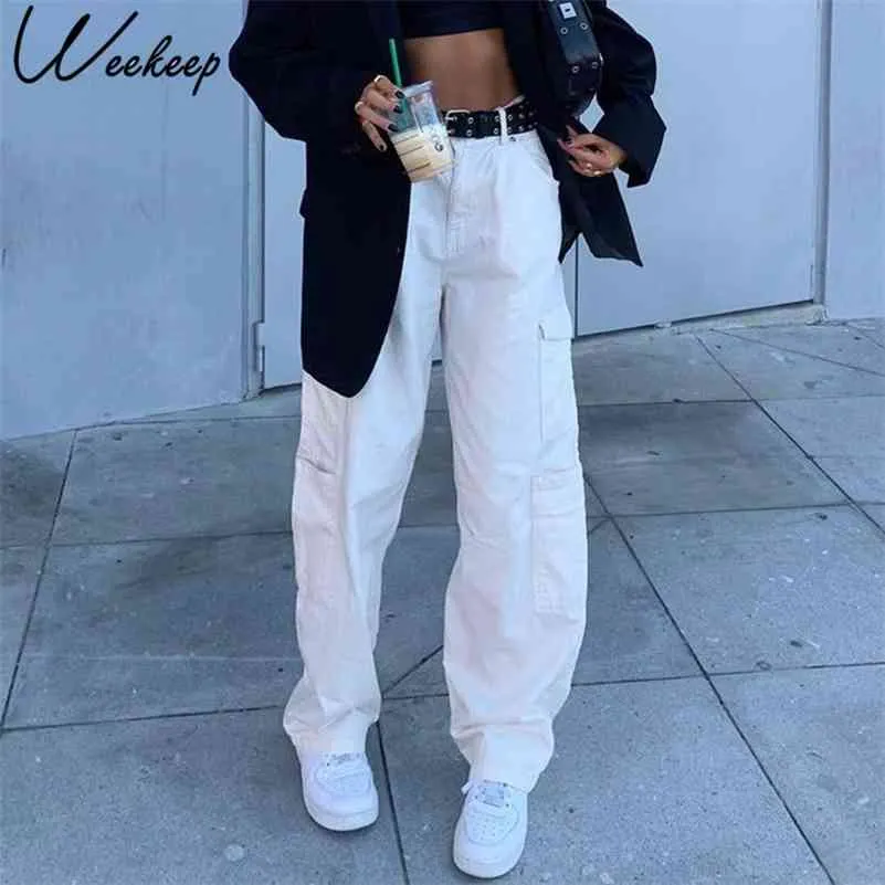 Weekeep Moda Bolsillo Blanco Jeans para mujer Streetwear Jeans de cintura alta Vintage Straight Harajuku Denim Pantalones Cargo Pantalones 210715