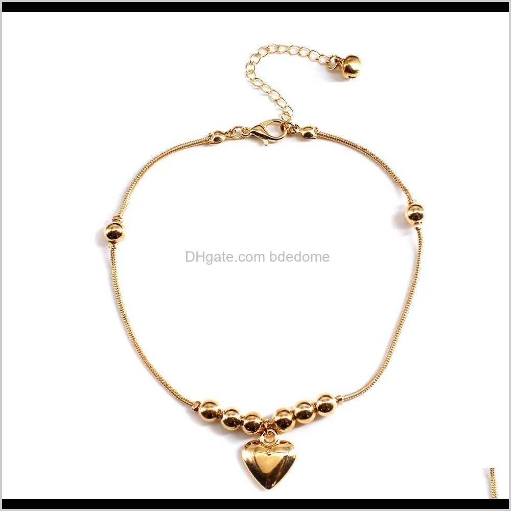 fashiion anklet alloy heart pendant bead charm gold silver color plated with snake chain for women girls gift