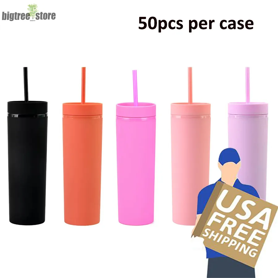 US Warehouse 16oz 5 Cores Skinny Tumbler Matte Colorido Acrílico Caneca Mesma LID de cor e palha geléia Double Wall Plastic Tumblers Cleaner Copo Reutilizável